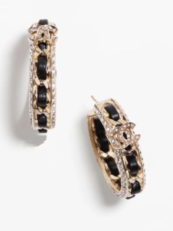 CHANEL 23P Black Leather-Threaded Crystal CC Hoop Earrings