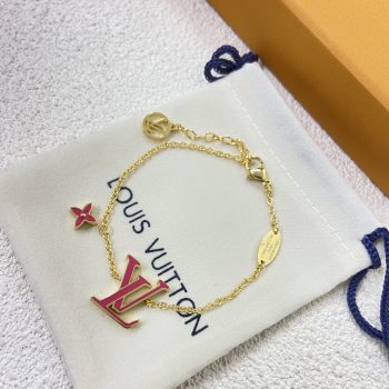 LV Gold Chain Bracelet (Fuchsia Logo Charm)